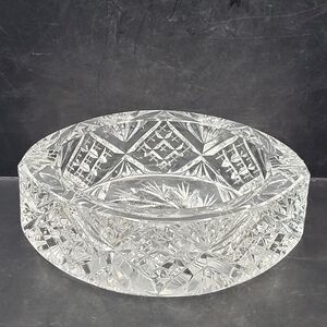 Vintage Cut Crystal Oval Ashtray 6” Starburst Pinwheel Fan Pattern Heavy Glass